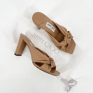 Jimmy Choo Avenue 85 Beige Tan Leather Knotted Block Heel Slide Sandals IT 39